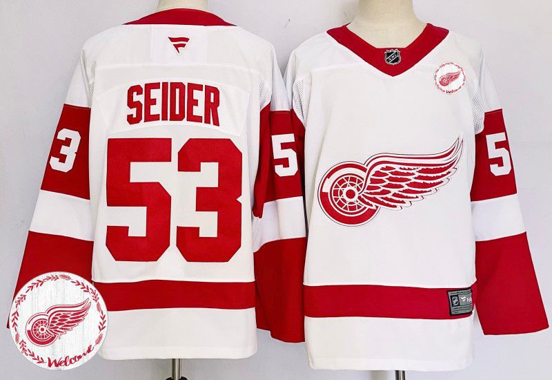 Men Detroit Red Wings 53 Seider White Fanatics 2025 NHL Jersey style 2
